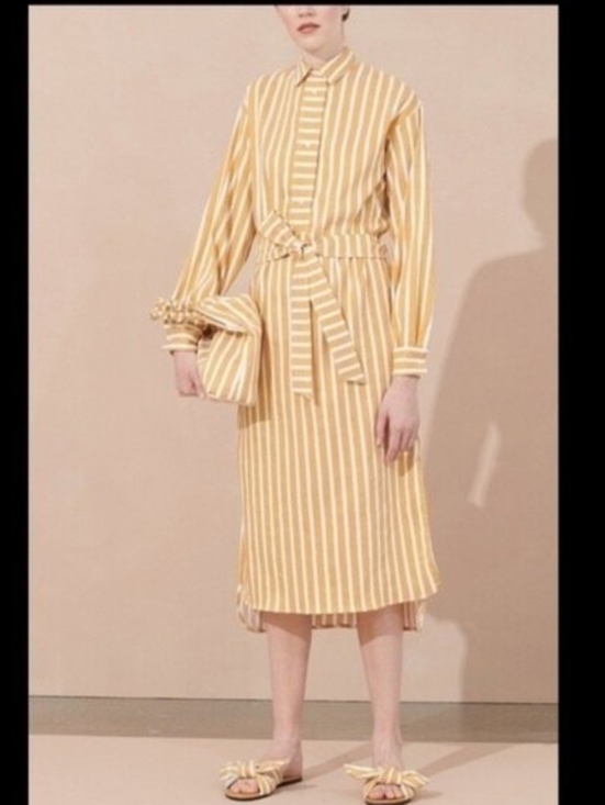 SAMSOE Dresses & Skirts - Samsoe Samsoe Amara Belted Shirt Dress Size L, Honey Stripe Linen Blend Vacation
